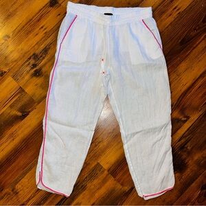 J Crew White Linen Drawstring Pants with Pink Trim M
